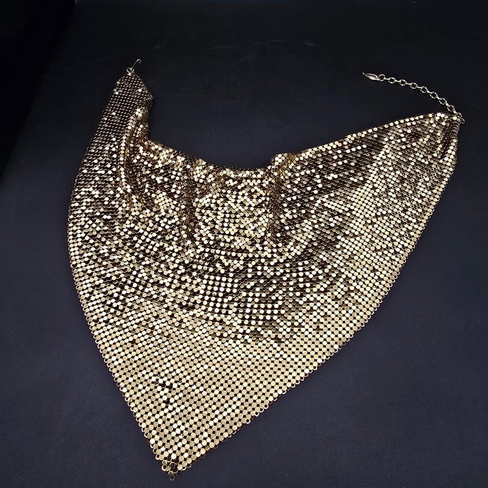 Whiting & Davis Gold Tone Mesh Bib Necklace Vintage Costume Jewelry - Picture 7 of 9